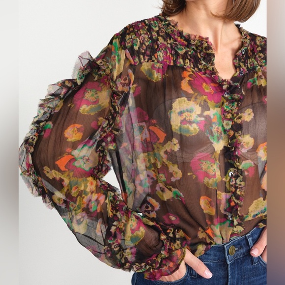 NWOT Ulla Johnson Andi Ruffled Floral Crinkle Silk Chiffon Blouse Size 2 - Picture 4 of 9
